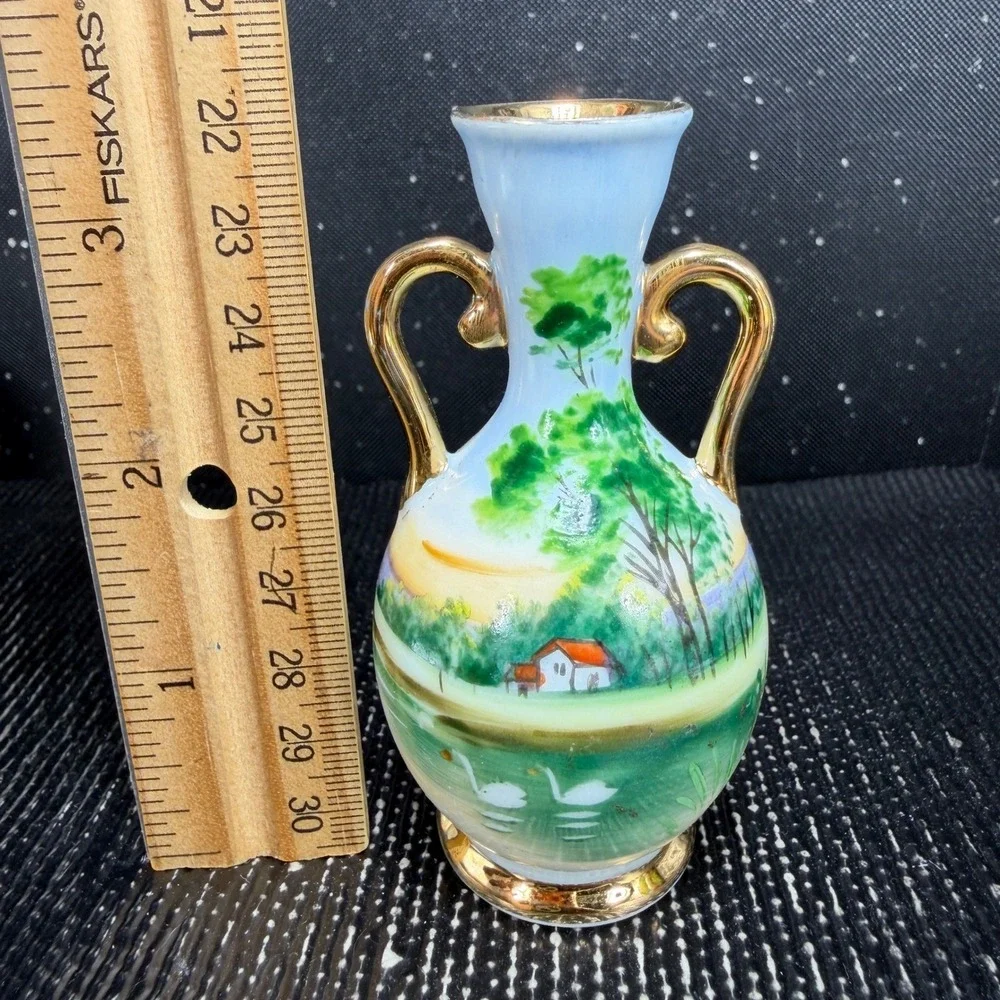 Vintage German Porcelain Miniature Bud Vase Hand Painted Swan Landscape Gold